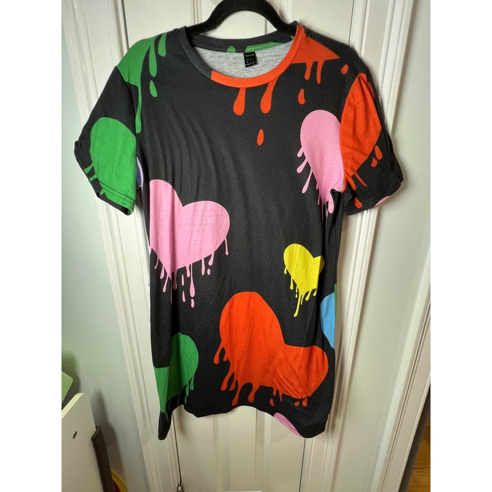 SHEIN Women Black Multi Color Dripping Heart Print T-Shirt Dress Size M